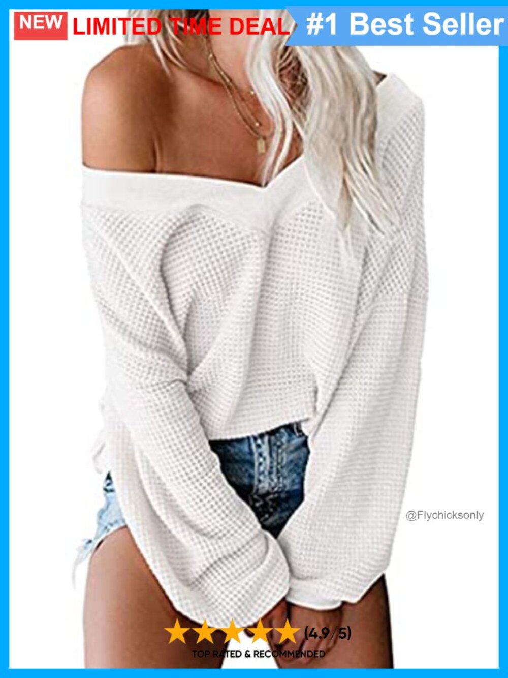 Waffle Knit Off Shoulder V-Neck Pullover Sweater Loose Bat Sleeve